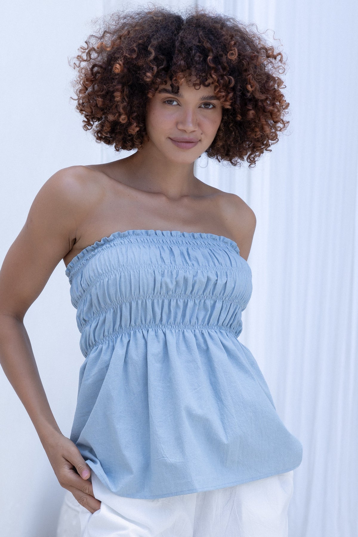 Isla Shirred Tube Top - Vintage Blue